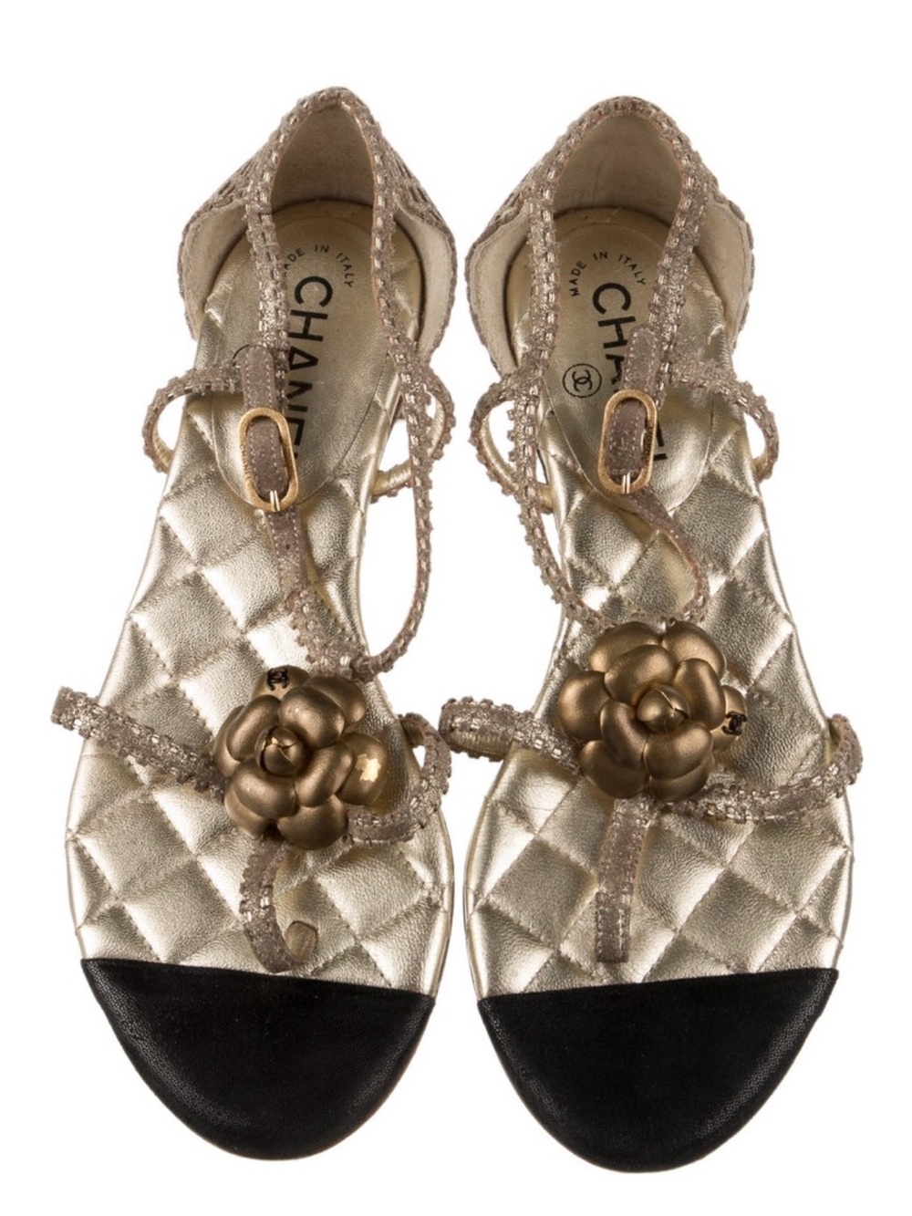 CHANEL Gold Quilted T-Strap Camellia Sandals Sz 6.5